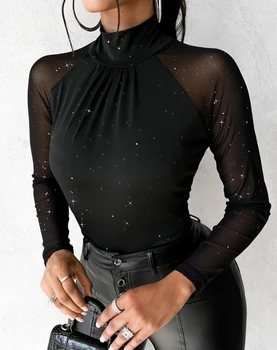 Sieviete Blūze 2023 Ziemas Jauno Modes Gadījuma Sexy Slim Apaļu Kakla Mežģīnes Garām Piedurknēm Panelis Iespiesti Krekls Temperaments Ikdienas Apģērbu