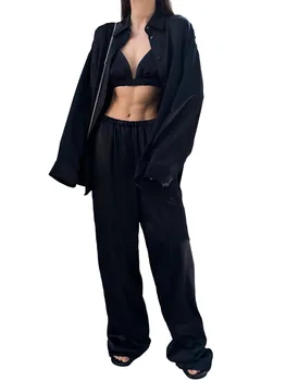Sievietes 2 Gabals Satīna Pidžamas tīrtoņa Krāsu garām Piedurknēm Pogas, Kreklu un Elastīgās Bikses Loungewear Mīksto Sleepwear