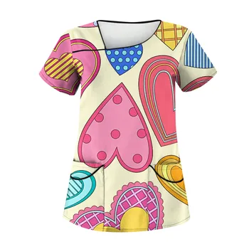 Sieviešu Apģērbu ar V-veida Kakla romantisku mīlestību Elements karikatūra Izdrukāt Medmāsa Darba Apģērbs Ar Kabatām T-Krekls Gadījuma Īsām Piedurknēm Augšu