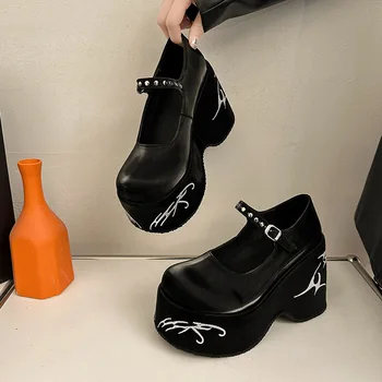 Sieviešu Platformas augstpapēžu kurpes Gothic Lolita Jaunu Mary Jane Kurpes Gadījuma Sieviete Papēžiem Puse Ķīļi Biezu Grunts Sūkņi Mokasīni Melni