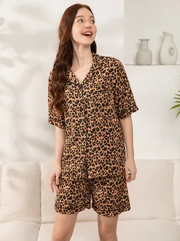 Sieviešu Plus Izmērs S-3XL Viskoze Pidžamas Komplekts ar Leopards Drukāt ar Īsām Piedurknēm 2-Gabals Sleepwear Pjamas Sievietēm