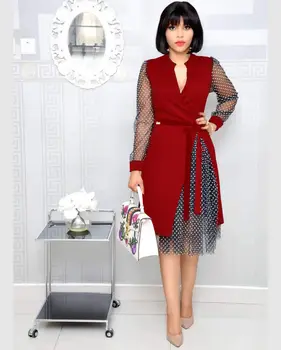 Sieviešu Rudens un Ziemas Jauno Modes V-veida kakla Polka Dot Acs Sadalīt Modes Eleganta Kleita