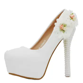 sieviešu sandales kāzu Puse, Mežģīnes PU Rhinestones Paslīdēt Uz 14CM Plānas Augstiem papēžiem Apaļu Purngalu Ziedi ūdensizturīgs sieviešu kurpes izmērs 35-42