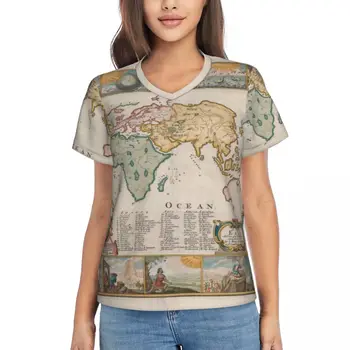 Sieviešu T Krekls Vasaras Zemes Karte Drukāt Tshirt Pasaules Kartē 1681 Vintage T-Krekli Ar Īsām Piedurknēm, V Veida Kakla Vienkāršu Modeli Lielgabarīta Topi