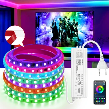 Smart RGBIC LED Strip Gaismas APP Bluetooth Kontroles Līmlenti AC 220V Lentes RGB SMD 5050 Ūdensizturīgs Mājas DIY Apdare