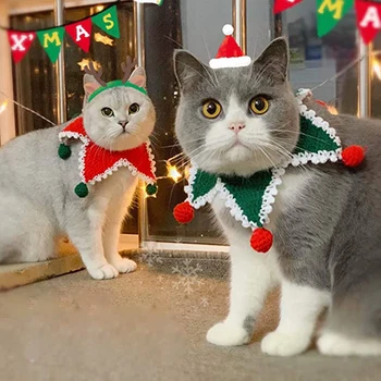 Suņu Ziemassvētku Šalle Pet Sarkana Zaļa Adīta Apkakle Kaķis Bell Galvas Apsējs Kucēns Ziemassvētku Kostīms Pet Cat Suņi Ziemassvētku Eglīte Šalle