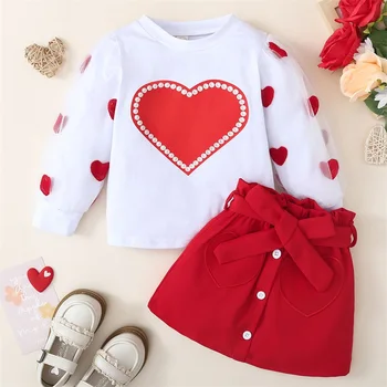 Toddler Meitene Valentīna Diena Apģērbs Sirds Drukāt Sporta Krekls Puff Garām Piedurknēm Top Pogu Priekšpusē Siksnas Kleita Cietā Svārki