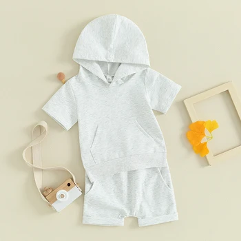 Toddler Puiku Vasaras Apģērbu ar Īsām Piedurknēm Kapuci T-Krekls Topi Elastīga Vidukļa Bikses Komplekts 2gab Cietā Zīdaiņu Apģērbs