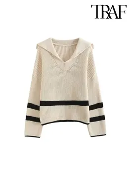 TRAF Sieviešu Džemperis 2023 Modes Svītru Zaudēt Adīšanas Džemperi Vintage garām Piedurknēm, Sieviešu Topi Džemperi