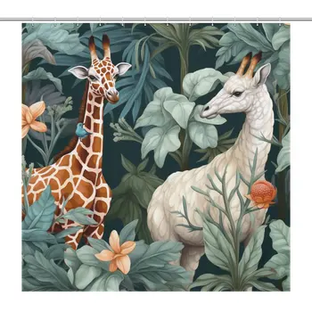 Tropu Rainforest Žirafe un Zilonis Vitrīna Dušas Aizkars Vannas, Ūdensizturīgs Izcilību, 183x183cm ar 12pcs Āķi
