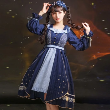 Tumši zvaigžņotā debess Japāņu Lolita garām piedurknēm Lo Kleita Zvaigžņu izšuvumi Meitene tēja puse Salds princese Kleitas Kawaii OP Meitenes Kleita