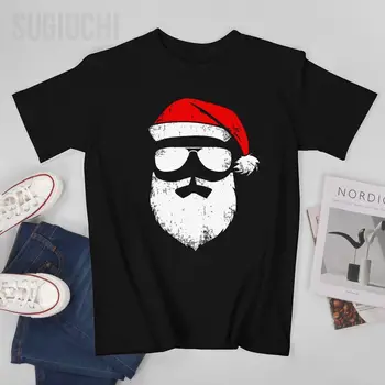 Unisex Vīriešu Smieklīgi Santa Claus Sejas Saulesbrilles ar Cepuri Bārdu Ziemassvētku Tshirt Tees T Krekli Sievietēm, Zēniem 100% Kokvilnas T-Krekls