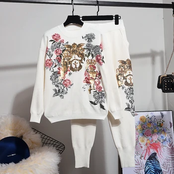 Uzstādīt Sieviešu Rudens Modes Sequin Ziedu Trikotāžas Džemperis Sporta Zīmuli Bikses Tracksuit Sievietēm Zaudēt Melnā Adīšanas 2 Gabals Tērpiem
