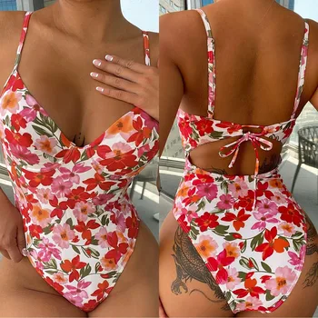 viens gabals peldkostīms sieviešu Peldkostīmi Tropisko Ziedu Beach Sieviete Sexy Bikini peldkostīms Push Up Backless Monokini Vasaras Drēbes
