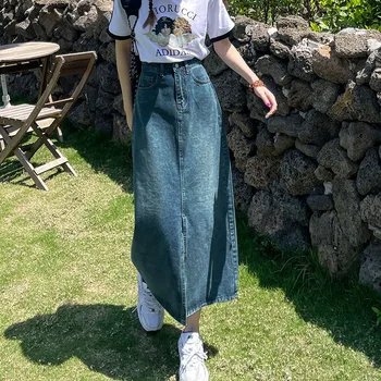 Vintage Augsta Vidukļa Sieviešu Džinsa Midi Svārki Vasaras Korejas Plāna Sadaļu Šķēlumu Līnijas, Svārki Modes Gadījuma Visu Maču Džinsa Svārki