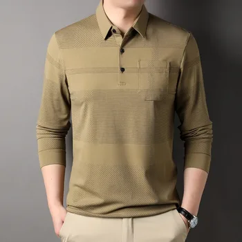 Vīriešu Apģērbs Pavasara Rudens Brīvs Jaunu pavērsienu-Apkakle ar garām Piedurknēm Svītru Kabatas Polo T-krekls Gadījuma Modes Biznesa Topi