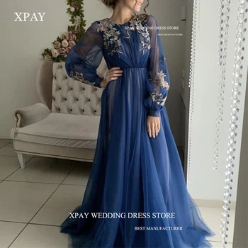 XPAY arābu Sievietes Zils Balles Kleitas, Pieticīgs Ziedu Mežģīnes, Tilla Aplikācijas Vakara Tērpi Māte Līgava Oficiāls pasākums Kleitu Elegants