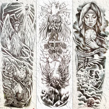 YURAN Ilgi Pagaidu Pilna Kāja Tetovējumu Uzlīmes Ūdensnecaurlaidīga Saules Krusta Eņģelis Tatoos Vīriešiem, Sievietēm Mūķene Body Art Tattoo Papīra Ielīmējiet