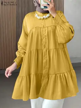 ZANZEA Rudens Modes Vintage Cietā Ruffles Blūze Ikdienas Zaudēt Islāma Apģērba Abaya Musulmaņu Sieviešu Topi Ilgi Puff Piedurknēm Krekls