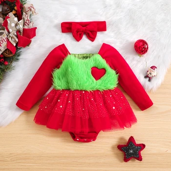 Ziemassvētku 0-2Y Baby Meitenes 2gab Apģērbu ar garām Piedurknēm Romper Tilla Kleita ar Galvas Komplekts Jaundzimušā Apģērbu Fall Winter