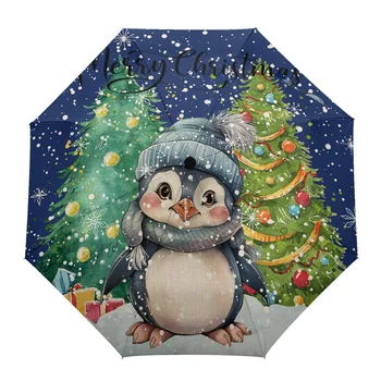 Ziemassvētku Pingvīns Handdrawn Saulessargs Āra Pilna Automātiskā Astoņu Kauli Lietus Jumta Dāvanu Pieaugušajiem, Bērniem, Lietussargi