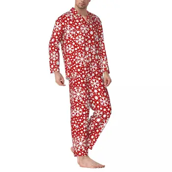 Ziemassvētku Sniegpārsla Pidžamas Vīriešu Sarkana Siltu Māju Sleepwear Rudens Divas Gabals Brīvs Lielajam Modelis Pajama Komplekti