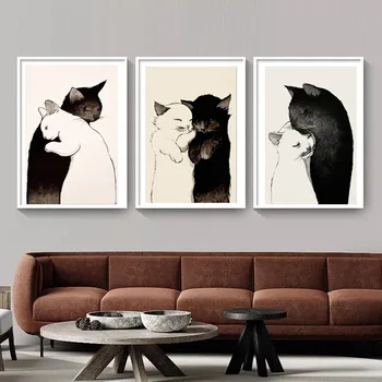 Ziemeļu Dzīvnieki, Gudrs Melns Balts Kaķis Kanvas Glezna, Plakāts Interjera Dekorēšana Pāri Moduļu Art Sienas, Attēlus, Mūsdienu