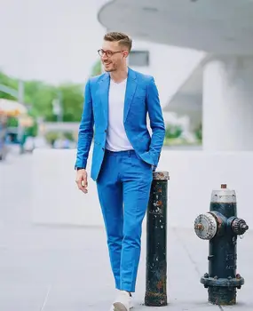 Zila Vīriešu Slim Fit Uzvalki Līgavainis Kāzu Tērpu Vasaras Piemērots Balli Divu Pogu Modes Bikses Elegantu Dizainu Mēteļi 2 Gabali