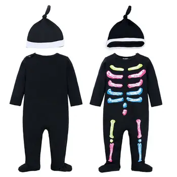 Zīdaiņu Bērnu Halloween Jumpsuit Tērpā ar Cepuri Jaundzimušo Galvaskausa Skelets Grafiskais garām Piedurknēm Kombinezonus Cosplay Kostīmu 3-18M
