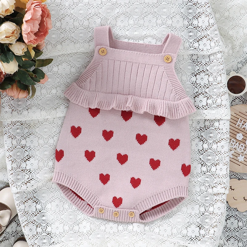 Baby Meitenes Valentīna s Diena Tērpiem Adīšanas Džemperis bez Piedurknēm Sirds Romper Džemperi Kombinezoni Drēbes