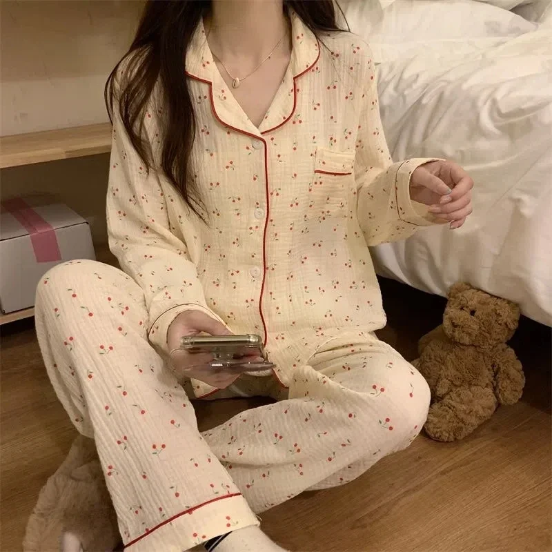 Ērti Sieviešu Pidžamas Komplekts 2 Gab. ar Elsas garām Piedurknēm Dāmas Sleepwear Savukārt Apkakle Drukāt Pavasara Pyjama Sieviešu Tērps