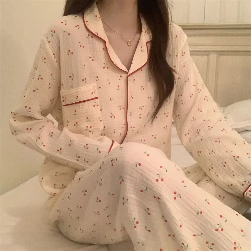 Ērti Sieviešu Pidžamas Komplekts 2 Gab. ar Elsas garām Piedurknēm Dāmas Sleepwear Savukārt Apkakle Drukāt Pavasara Pyjama Sieviešu Tērps