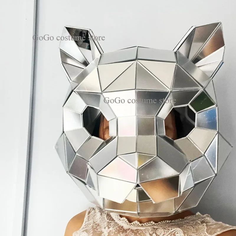 Sudraba Spoguli Kaķis Galvas Maska Jumpsuit Cosplay Spīdīgu Ķiveri Dzīvnieku Galvas Rave Maska Skatuves Tērpu Aksesuārus Mūzikas Festivāls Dziedātāja valkā