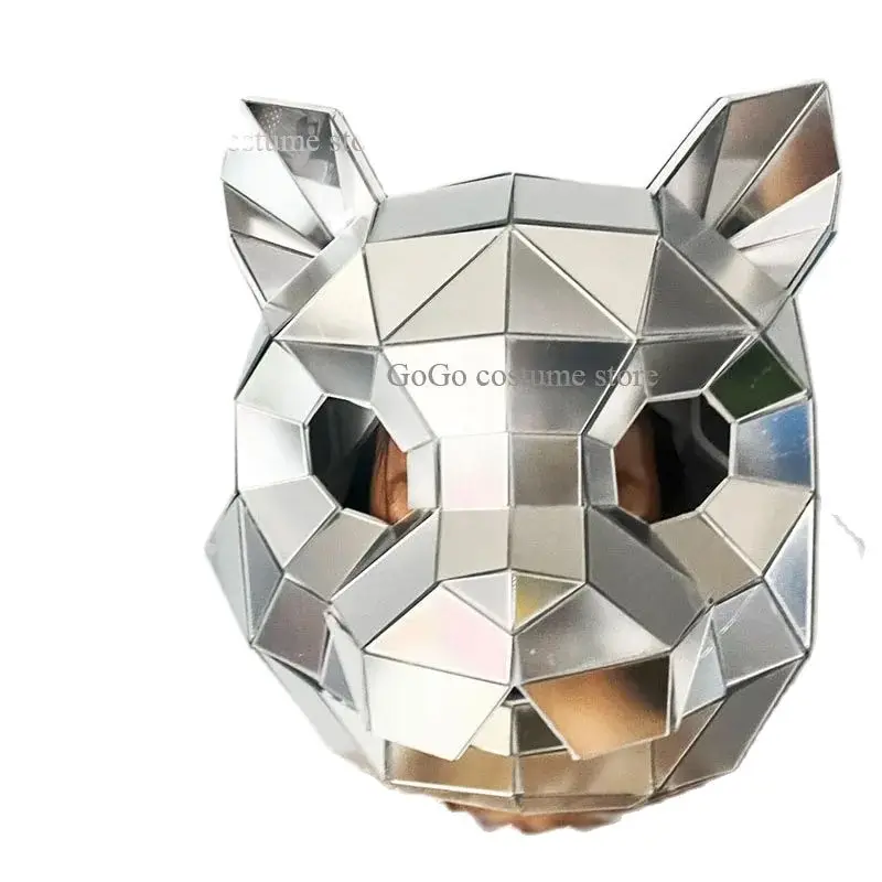 Sudraba Spoguli Kaķis Galvas Maska Jumpsuit Cosplay Spīdīgu Ķiveri Dzīvnieku Galvas Rave Maska Skatuves Tērpu Aksesuārus Mūzikas Festivāls Dziedātāja valkā