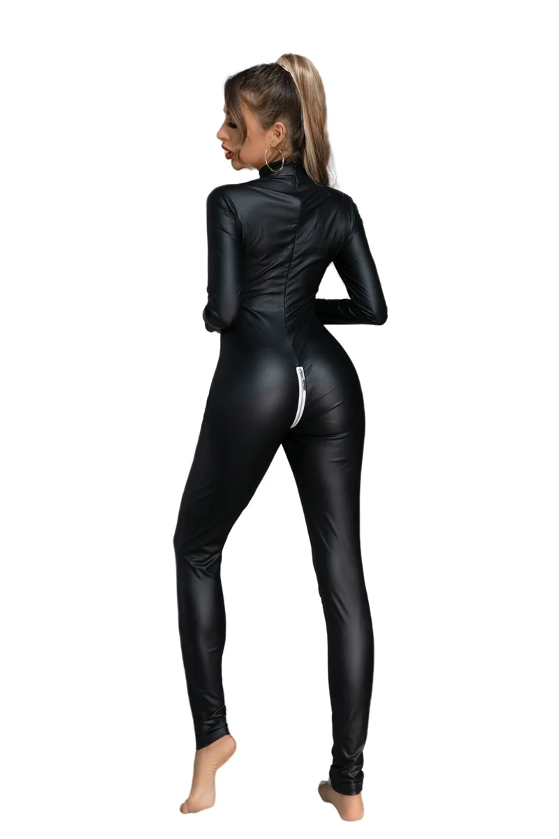 Sieviešu Erotiskā Bodysuit Spīdīgs Catsuit Kostīmi Clubwear Apakšveļa Rāvējslēdzēju Lakādas Zeķes Bodysuit Pilnu Piedurknēm Sexi Jumpsuits