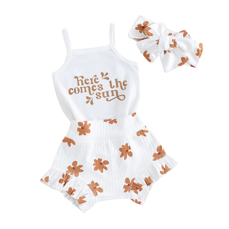 3Pcs Jaundzimušā bērna Baby Girl Vasaras Apģērbs bez Piedurknēm Smieklīgi Vēstules Romper Ziedu Savirmot Bloomer Šorti Galvu Apģērbs, Komplekts