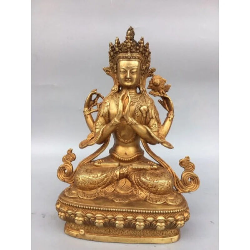 Tibetas Bronzas Budisms Sēdekļa Lotus 4 rokas Chenrezig Avalokiteshvara Budas Statuja