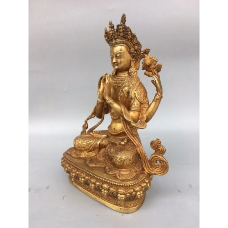 Tibetas Bronzas Budisms Sēdekļa Lotus 4 rokas Chenrezig Avalokiteshvara Budas Statuja