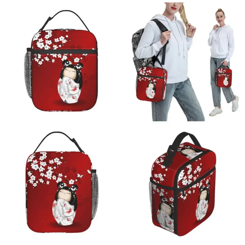 Kokeshi Lelli Sarkans Melns Balti Ķiršu Ziedi Izolētas Pusdienas Maisā Japāņu Meitene Mākslas Pārtikas Box Cooler Siltuma Pusdienas Kaste Skola