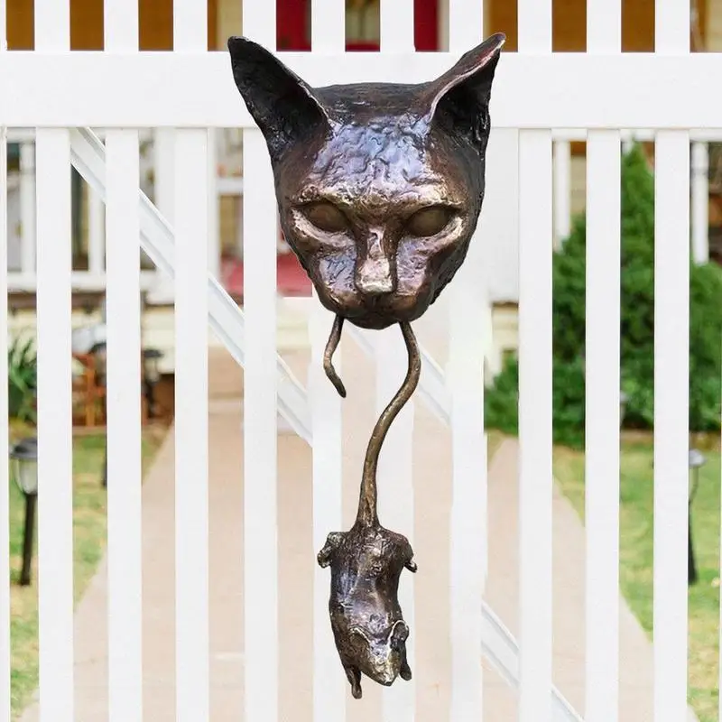 Unikāls Sienas Skulptūru Kaķi Un Peli, Priekšējo Durvju Apdare Statuja Sveķu Durvju Klauvēkli Mājas Dārzā Apdare