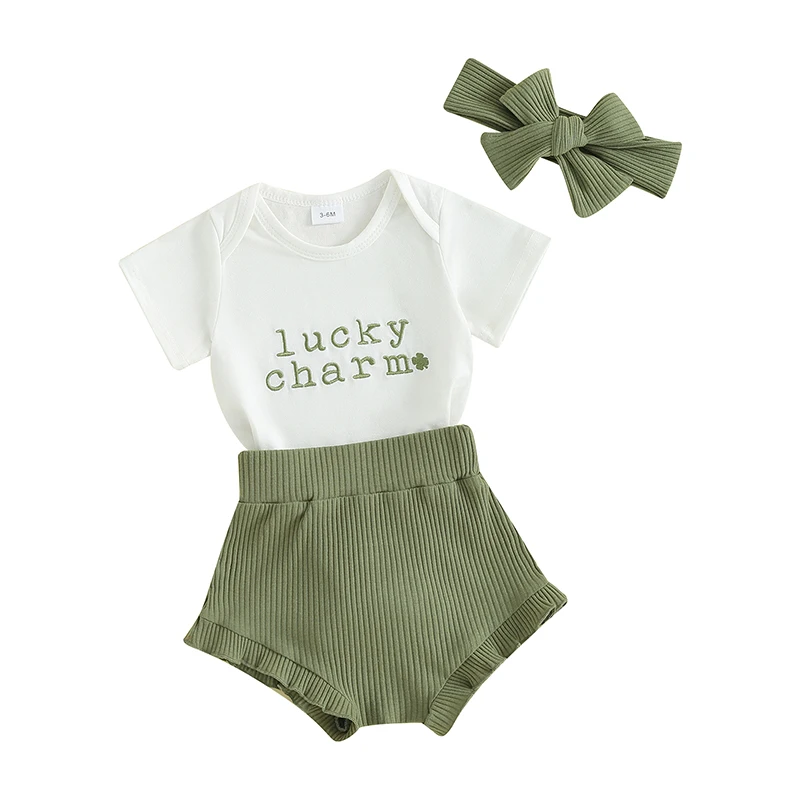 Baby Meitenes Īrijas Dienu Apģērbs Ar Īsām Piedurknēm Izšuvumi Romper Šorti Galvu Komplekts Zīdaiņu Drēbes