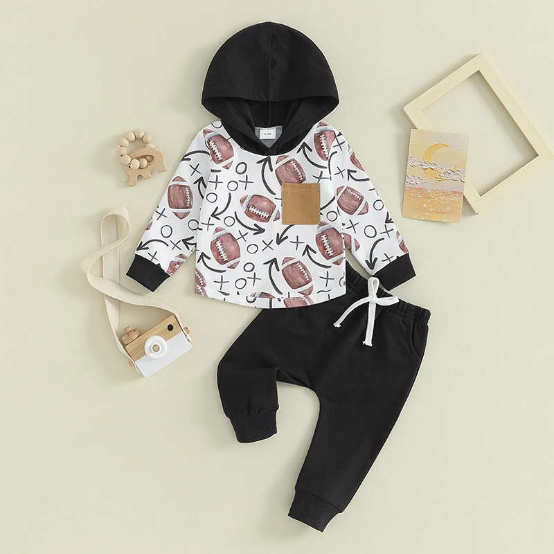 Toddler Zēni Rudenī Tērpiem Regbija Drukāt Kabatas ar garām Piedurknēm Hoodies sporta Krekli un Cieto Krāsas Garās Bikses 2gab Apģērbu Komplekts