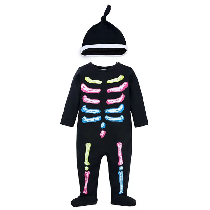 Zīdaiņu Bērnu Halloween Jumpsuit Tērpā ar Cepuri Jaundzimušo Galvaskausa Skelets Grafiskais garām Piedurknēm Kombinezonus Cosplay Kostīmu 3-18M