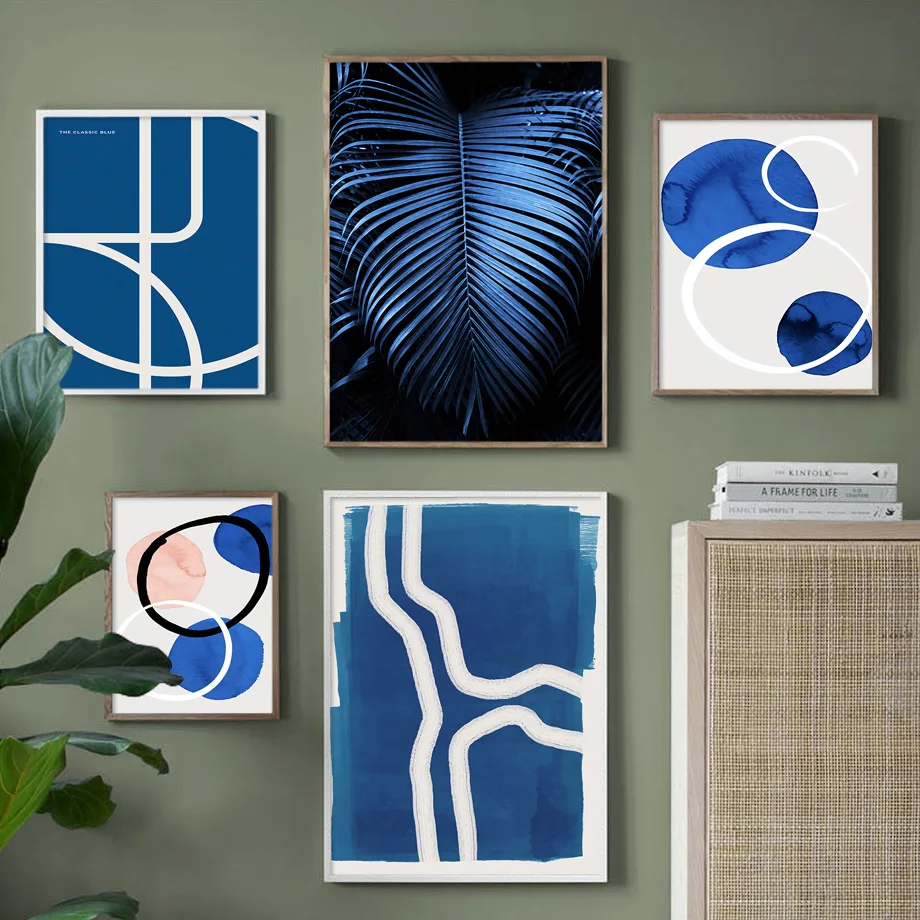 Blue Abstract Sienas Art Print Kanvas Glezna Ģeometrija līnijas Palmu Lapām, Augu Ziemeļvalstu Plakātu Sienas, Attēlus Dzīvojamā Istaba Dekori