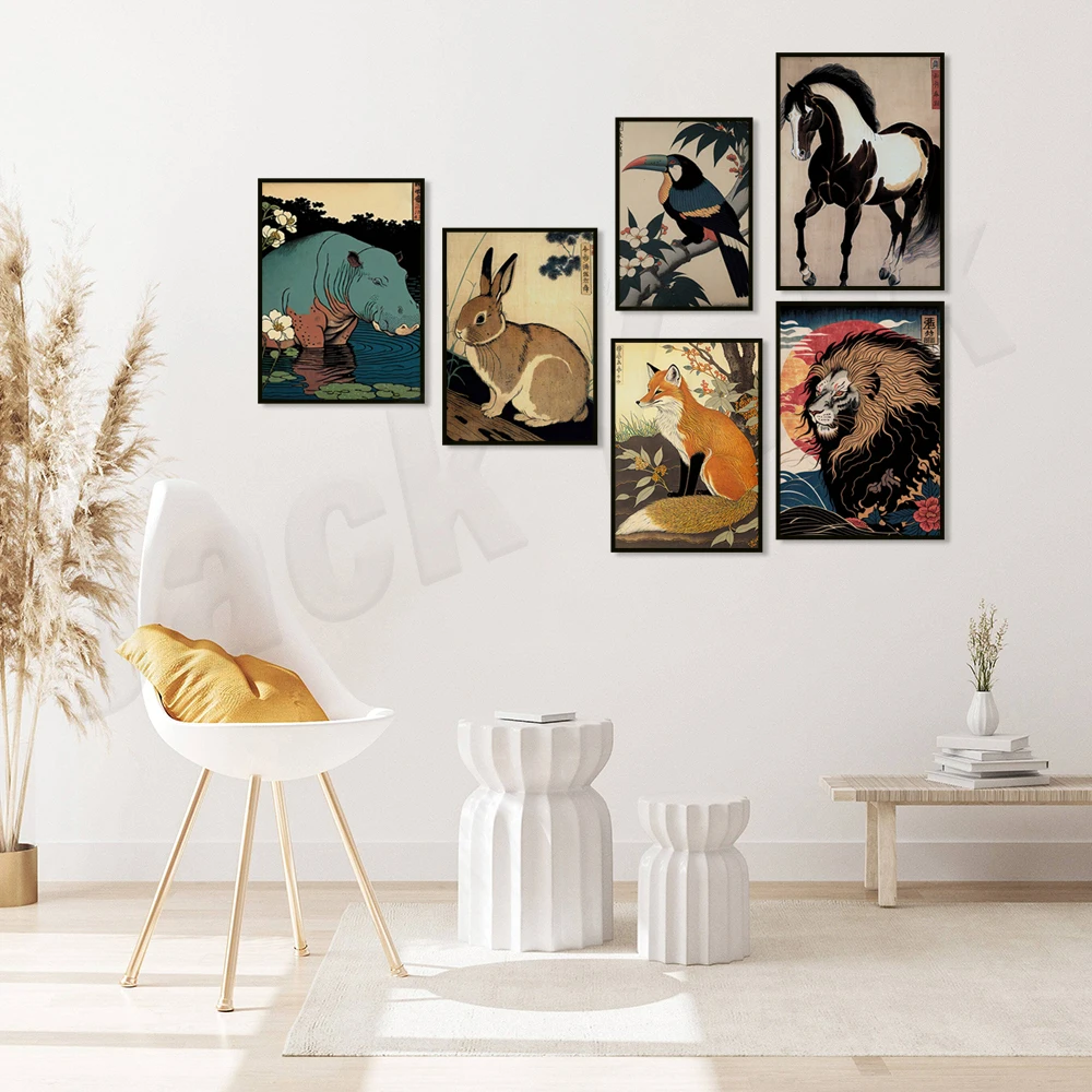 Japāņu mākslas stilu fox, shiba inu, ērglis, nīlzirgu, truši, vāveres, lauva, varde sienas plakātu, Japāņu ukiyoe retro plakāts