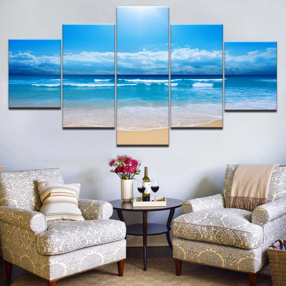 5Panel HD Iespiesti Pludmales, zila jūra debesis, balti mākoņi, Ainava Druka Uz Audekla Mākslas Glezniecības mājas dzīvojamā telpu dekorēšana