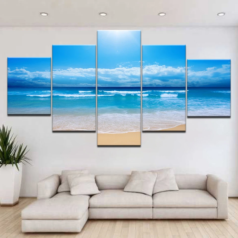5Panel HD Iespiesti Pludmales, zila jūra debesis, balti mākoņi, Ainava Druka Uz Audekla Mākslas Glezniecības mājas dzīvojamā telpu dekorēšana
