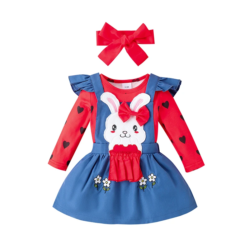 Baby Girl Lieldienu 3Pcs Apģērbs Sirds Drukāt garām Piedurknēm Romper ar Zaķi, Izšuvumi Kopumā Kleitu un Priekšgala Galvu