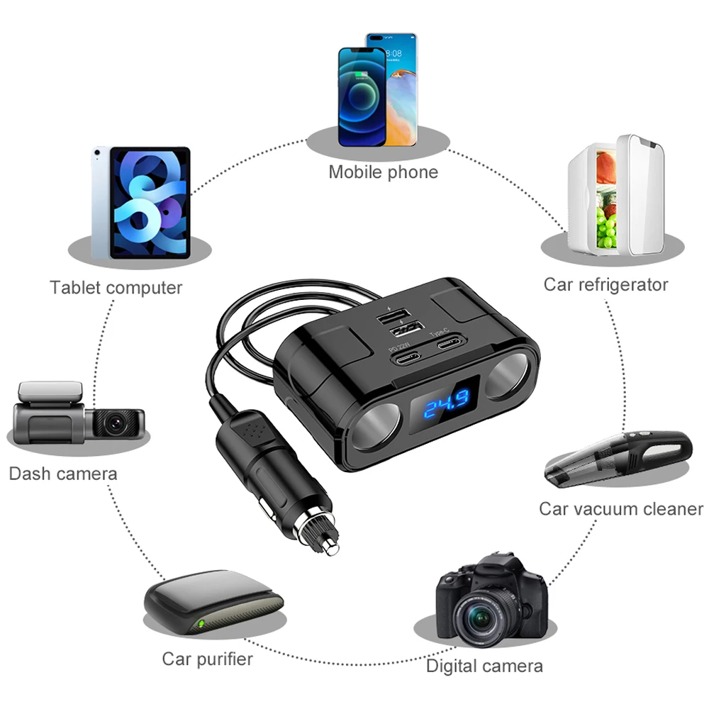 Auto Lādētāji PD+QC3.0+Dual USB Ātrās Uzlādes Adapteris 2-Ligzda Strāvas Sadalītājs 12-24V, ar LED Spriegums Atklāšanas Automašīnas Kravas automašīnu SUV