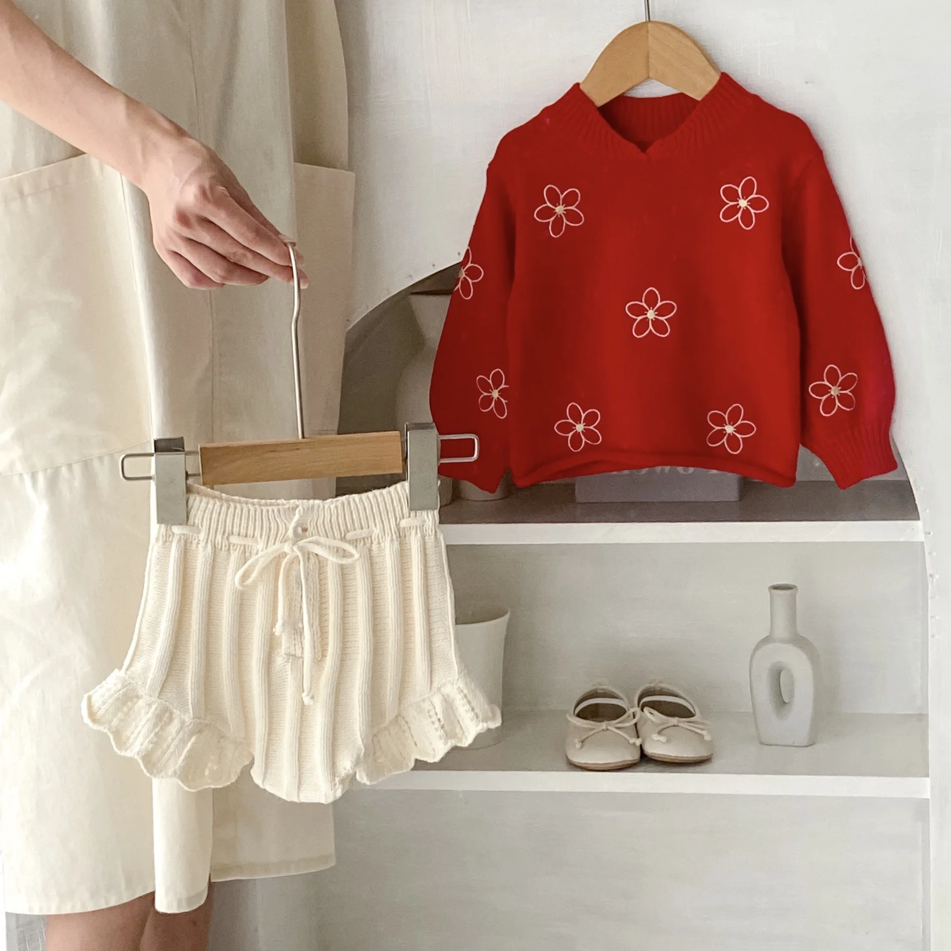 Divu gabalu Komplekti Bērniem Kokvilnas Rudens Ziemas Baby Meitenes ar garām Piedurknēm Ziedu Izšūti Trikotāžas Jaka Top+Romper Trikotāžas Apģērbs